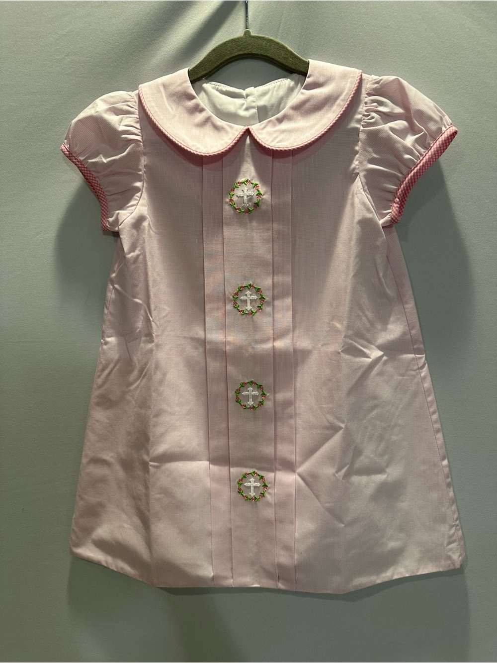 Girls' Pink Peter Pan Collar Dress with Embroidered Crosses & Matching Bow